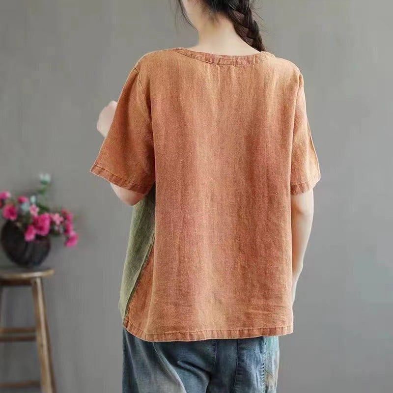 Cotton Linen Contrast Color T-shirt Artistic Design Half Sleeve Women