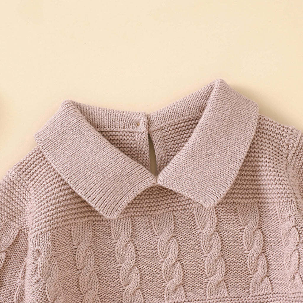 Baby Solid Color Crochet Knit Design Lapel Knit Jumpsuit