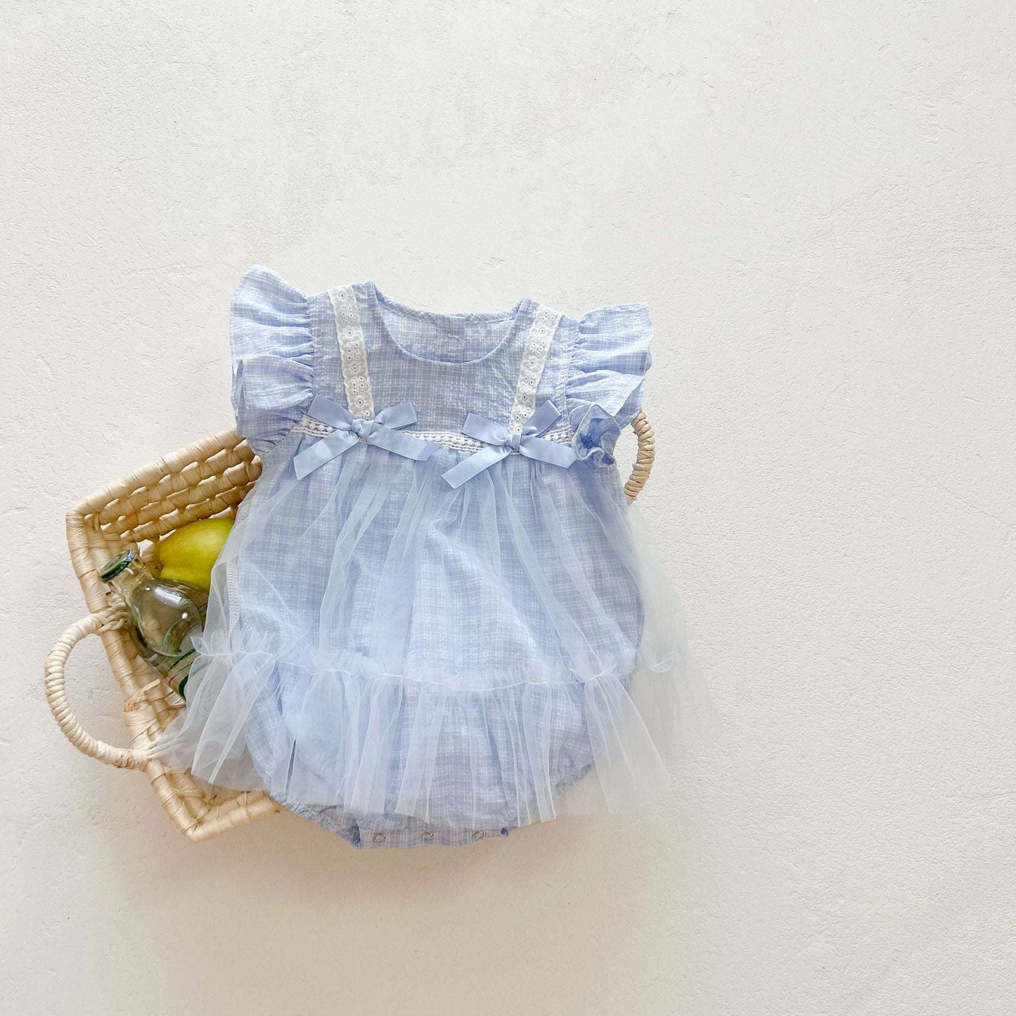 Baby Girl Grid Pattern Combo Mesh Design Round Collar Short-Sleeved Onesies