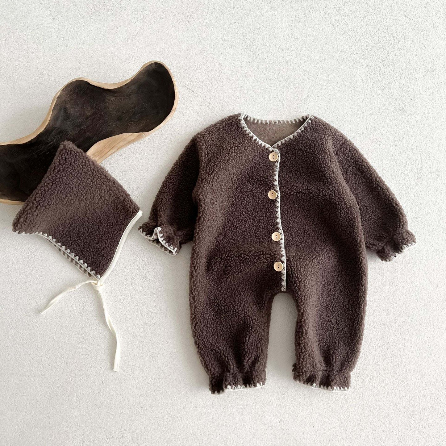 Baby Solid Color Vintage Style Fleece Jumpsuits