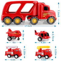 Fire Truck Car Toys Set;  Friction Powered Car Carrier Trailer with Sound and Light;  Play Vehicle Set for Kids Toddlers Boys Child Gift Age 3 4 5 6 7 Years Old;  2 Rescue Car;  Helicopter;  Plane