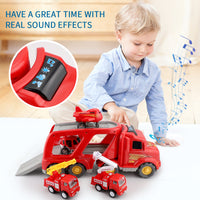 Fire Truck Car Toys Set;  Friction Powered Car Carrier Trailer with Sound and Light;  Play Vehicle Set for Kids Toddlers Boys Child Gift Age 3 4 5 6 7 Years Old;  2 Rescue Car;  Helicopter;  Plane
