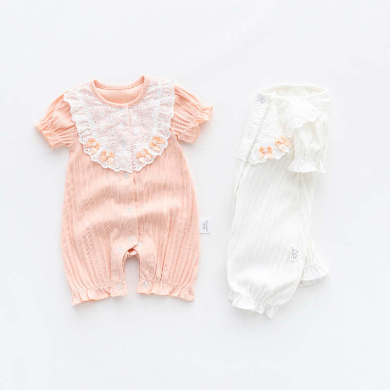Baby Girl Printed Pattern Singel Breated Design Short Sleeve Rompers With Lace Patchwork