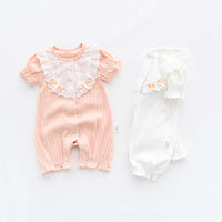 Baby Girl Printed Pattern Singel Breated Design Short Sleeve Rompers With Lace Patchwork