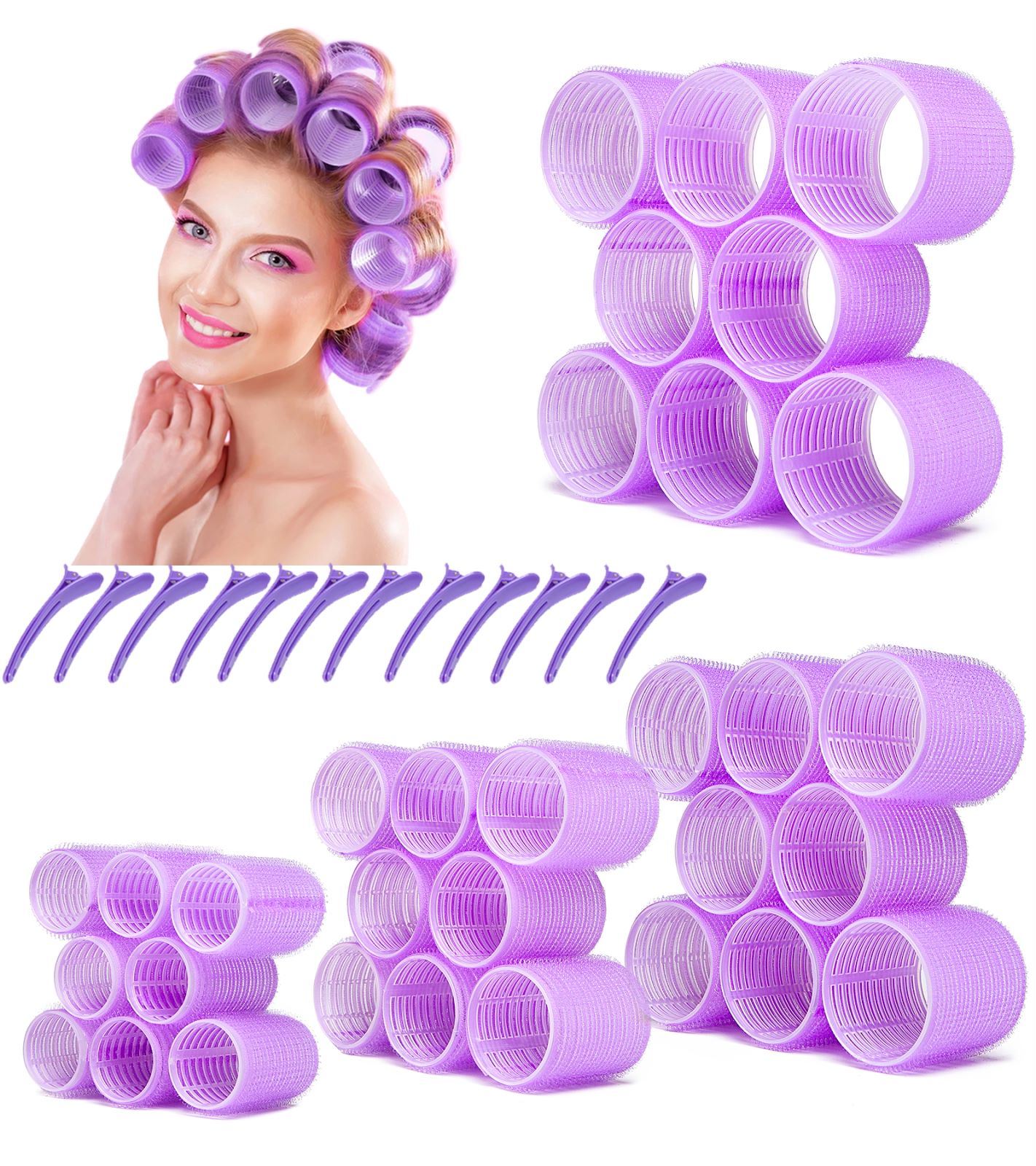 Jumbo Hair Rollers; 32 Packs Large Hair Rollers for Long Medium Short Hair; 4 Size Self Grip Hair Rollers for Women Curls at Home (8×Extra Jumbo +8×Jumbo +8×Large +8×Medium)