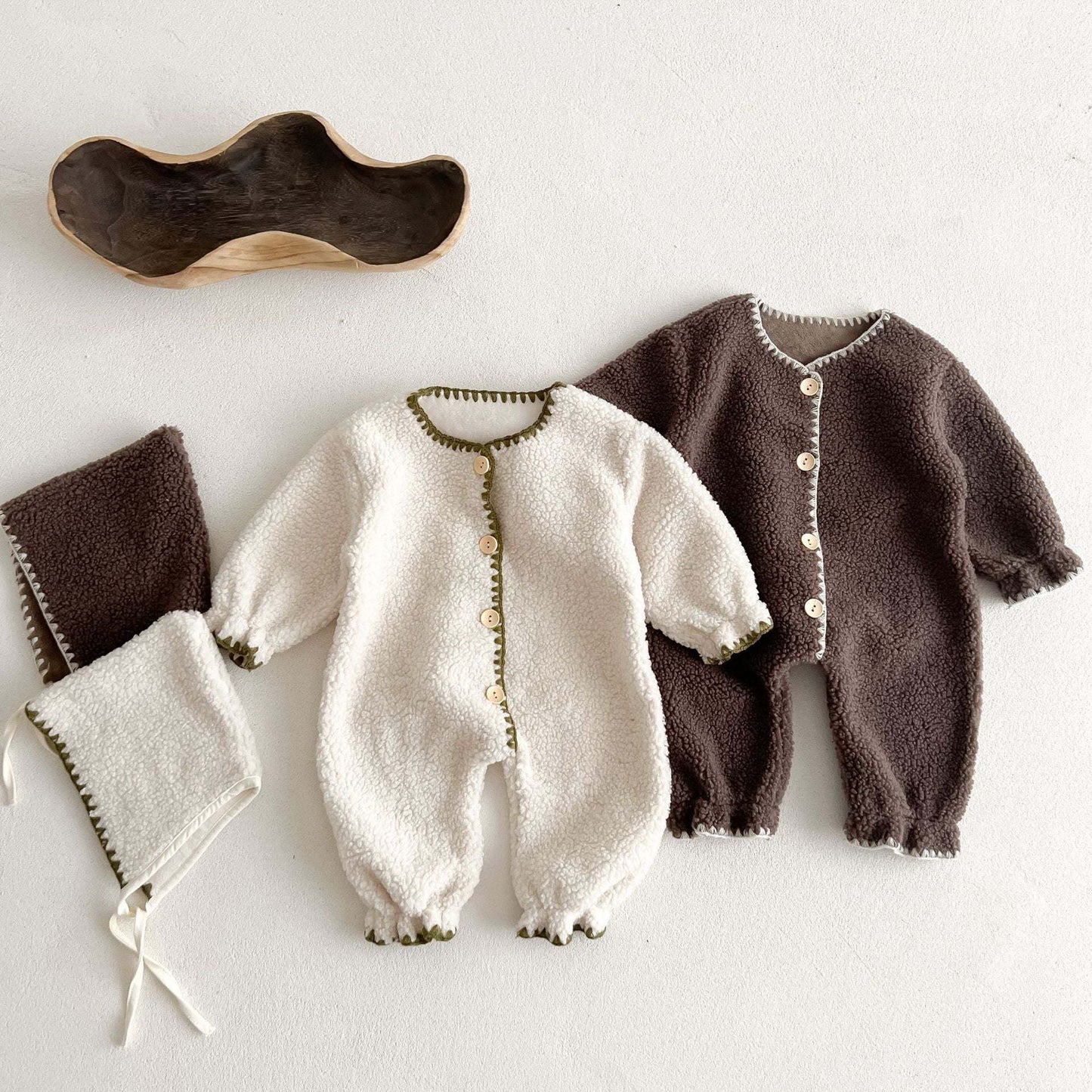 Baby Solid Color Vintage Style Fleece Jumpsuits